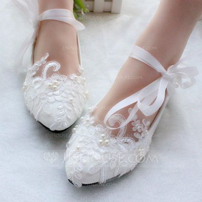 [£23.00] Women's Patent Leather Flat Heel Closed Toe Flats With Imitation Pearl Lace-up Applique Lace Wedding Flats, Ballet Wedding, Lace Bridal Shoes, Wedding Shoes Pumps, Pearl Wedding Shoes, Ivory Wedding Shoes, Bridal Flats, Wedding Shoes Lace, Wedding Women