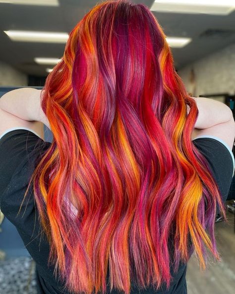 @vividsandbalayage drops the mic with this look #lunartides Sunset Hair Color, Orange Hair Dye, Red Hair With Blonde Highlights, Sunset Hair, Hair Styels, Fire Hair, Rainbow Hair Color, Creative Hair Color, Bright Hair Colors