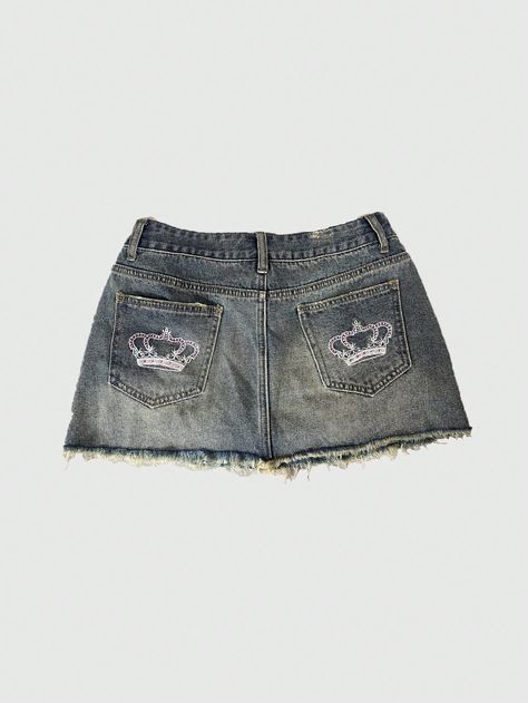 Women Crown Embroidered Rhinestone Denim Mini Skirt, School Blue Casual   Woven Fabric Graphic,Plain Straight Non-Stretch  Women Clothing, size features are:Bust: ,Length: ,Sleeve Length: Mini Jeans Skirt, Mini Jeans, Denim Pleated Skirt, Skirt School, Rhinestone Denim, Mini Rock, Outfit Inspired, Summer 2025, Denim Skirt Women