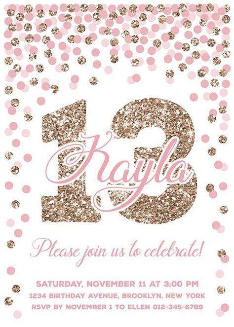 Pink And Rose Gold Confetti Birthday Invitation Girl 13th | Etsy Girl 13th Birthday, Birthday Invitations Pink, 10th Birthday Invitation, 13th Birthday Invitations, Confetti Invitation, Invitations Pink, Glitter Birthday Parties, Personalized Confetti