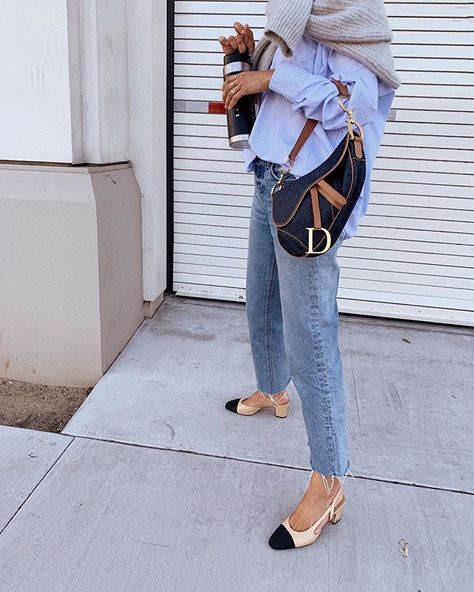 Aimee Song (@aimeesong) • Instagram photos and videos Beige And Black Slingbacks Outfit, Black Chanel Slingback Outfit, Chanel Slingback Outfit Summer, Chanel Slingback Shoes Outfit, Cap Toe Flats Outfit, Sling Back Outfit, Sling Back Flats Outfit, Dior Slingback Outfit, Chanel Slingback Outfit