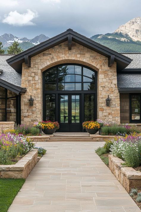 77 Colorado Mountain Homes with Breathtaking Views Green Mountain Home Exterior, Stone Houses Rustic, Rustic Stone House, Colorado Mountain Homes, Mountain Home Exterior, Out Of Breath, Stone Chimney, Timber Architecture, Wood Garage Doors