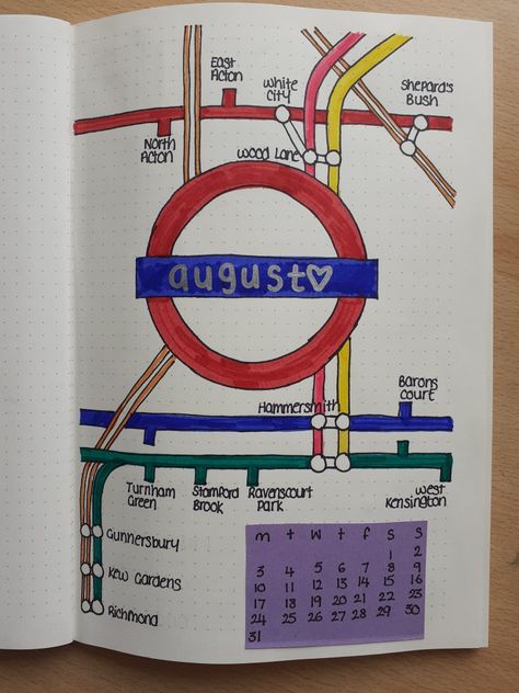 London Bujo Theme, Scrapbook Ideas London, London Travel Journal Ideas, London Journal Ideas, London Travel Journal, London Scrapbook Ideas, Bullet Journal Voyage, Bullet Journal First Page, London Underground Tube Map