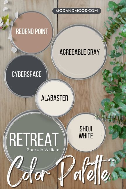 Boothbay Gray Color Palette, Cozy Paint Colors For Living Room, Sherwin Williams Retreat, Boho Paint Colors, Farmhouse Colors, Interior Paint Colors Schemes, House Color Palettes, Paint Color Schemes, House Color Schemes