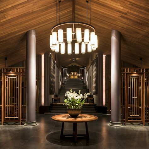 Aman Hotel Lobby, Aman Restaurant, Hotel Lobby Lounge, Resort Interior Design, Son House, Vietnam Hotels, Sam Son, Column Lighting, Edition Hotel