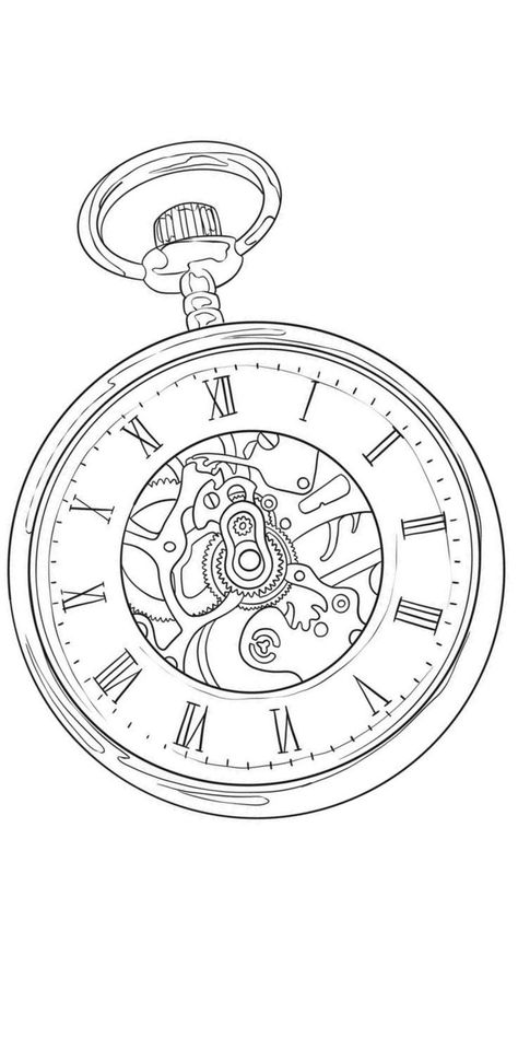 Old Clock Tattoo Design, Pocket Watch Stencil, Pocket Watch Tattoo Stencil, Clock Tattoo Stencil, Old Clock Tattoo, Clock Outline, Pocket Watch Drawing, Easy Drawing Ideas For Beginners, Pocket Watch Tattoo Design