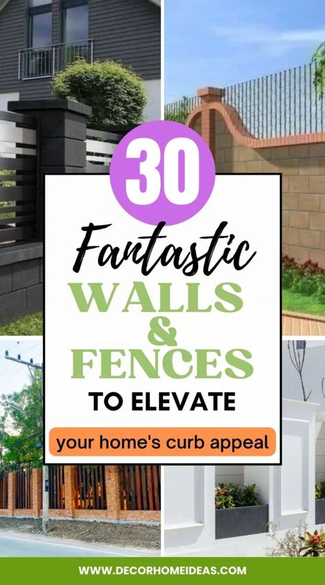 Exterior Fence Wall Design Modern, Front Fence Wall Design Ideas, House Fencing Ideas Modern, Front Yard Wall Design, Privacy Wall Front Of House, Decorative Front Yard Fence, Front Yard Fences And Gates Curb Appeal, Residential Fence Ideas, Modern Fence Design Concrete