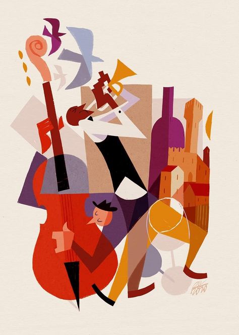 Riccardo Guasco Studio Seni, Jazz Painting, Arte Jazz, Jazz Poster, Music Festival Poster, Jazz Art, Cubism Art, Music Illustration, Small Drawings