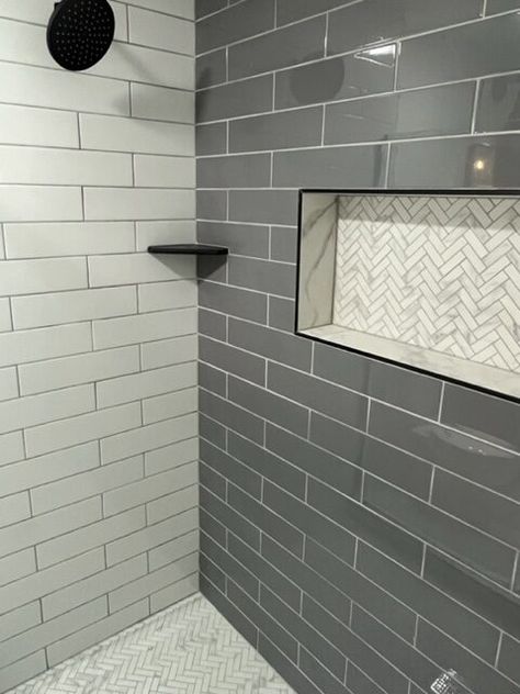 Neutral Primary Bath Flip - Kitchens X Sjk Dark Grey Subway Tile, Bathroom Design White, Grey Slate Tile, Black Shower Head, Gray Shower Tile, Black Subway Tiles, Bathroom Niche, Dark Brown Cabinets, Tub To Shower Conversion