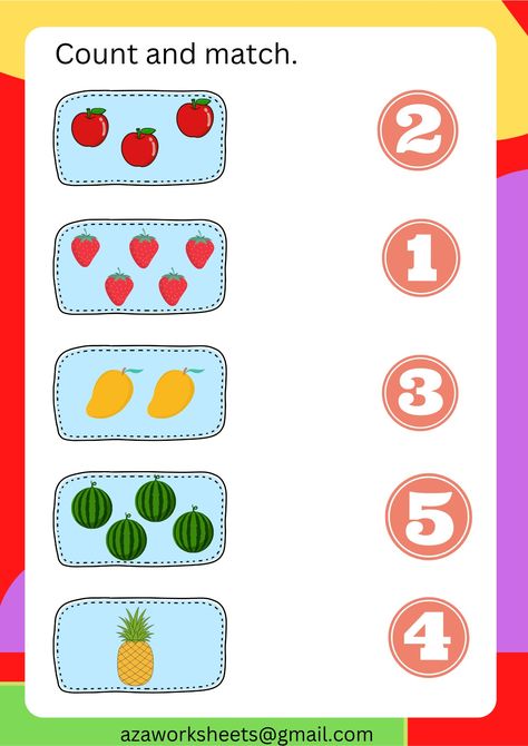 Fruit themed worksheets for preschoolers and nursery students... Fruits Matching Worksheet, Fruit Worksheets Preschool, Fruit Activities For Preschool, 123 Worksheets, Preschool Life Skills, Fruit Worksheet, Learning Letters Preschool, Worksheet Number, Free Printable Valentines Cards