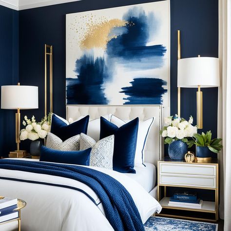 Navy White And Gold Bedroom, Blue Theme Bedroom Ideas, Navy And White Bedroom Ideas, Royal Blue Bedroom Decor, Blue Gold Bedroom Ideas, Gold Themed Bedroom, Blue Gold Bedroom, Blue And Gray Bedroom, Blue Bedroom Inspirations