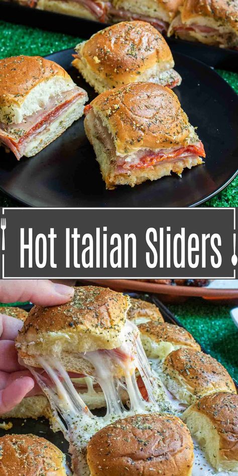 Hot Italian Sliders pile all of your favorite Italian deli meats and cheese onto soft slider buns and bake them until they are perfectly melted. The ultimate game day food! Hot Italian Sliders, Easy Game Day Food, Italian Sliders, Sliders Recipes Hawaiian Rolls, Easy Slider Recipes, Ham Sliders, Slider Sandwiches, Cheese Baked, Deli Sandwiches