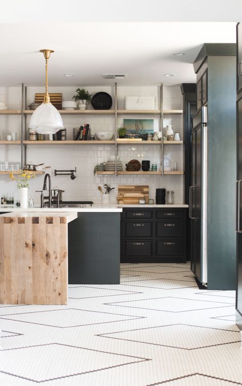 Dark green kitchen cabinets and hand laid black and white tile flooring (it's a DIY with a tutorial!!) are the star of this renovated kitchen. The bleached walnut island and open shelving fill the space with warmth. #kitchen #vintage #renovation #whitetile #openshelving White Kitchen Floor, Dark Green Kitchen, Kitchen Floor Tiles Ideas, Green Kitchen Cabinets, Penny Tile, Pretty Kitchen, Black And White Tiles, Kitchen Floor Tile, Tile Flooring