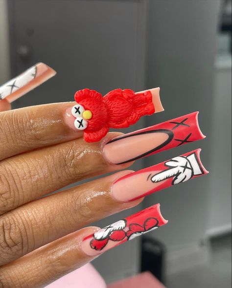 Red Kaws Nails Design, Red Nail Acrylic Ideas, Elmo Kaws Nails, Kaws Valentines Nails, White Kaws Nails, Red Kaws Nails, Long Acrylic Nails Red, Kaws Acrylic Nails, Nail Designs Baddie