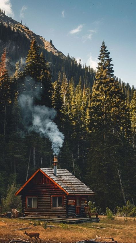 Cozy wooden cabin in the forest with smoke coming out of the chimney, surrounded by pine trees and a deer grazing in front. Ideal mountain retreat for relaxation and seclusion. Cabin In The Forest, Cozy Cabin In The Woods, Forest Retreat, Cabin Retreat, Wooden Cabin, Lush Forest, Dream Life House, Mountain Getaway, Wooden Cabins