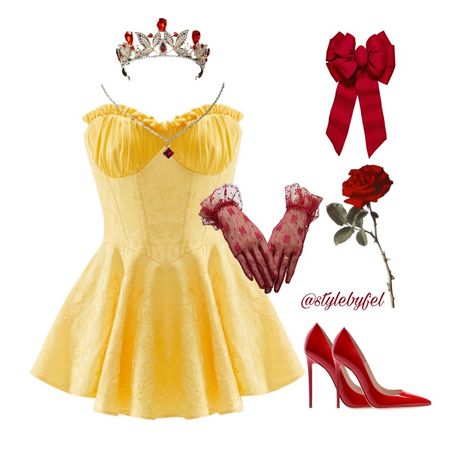 Polyvore Halloween Costumes, Yellow Dress Halloween Costume, Belle Outfit Ideas, Belle Halloween Costume, Belle Inspired Dress, Belle Halloween, Princess Inspired Outfits, Nana Jacqueline, Classy Halloween Costumes