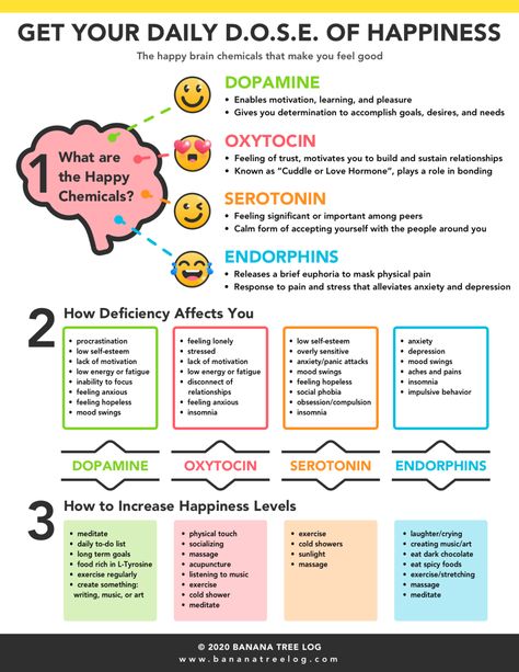 How to Get Your Daily DOSE of Happiness — Banana Tree Log Happiness Chemicals, L Tyrosine, Happy Hormones, Feeling Hopeless, Physical Pain, Therapy Worksheets, Mental And Emotional Health, Self Care Activities, Self Improvement Tips