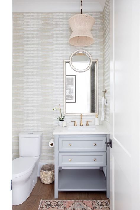 Powder Bathrooms, Megan Molten, Rebecca Atwood Wallpaper, Natural Wood Dining Table, Modern Coastal Home, Bedroom Nook, Wallpaper Ceiling, Powder Room Design, Powder Bath