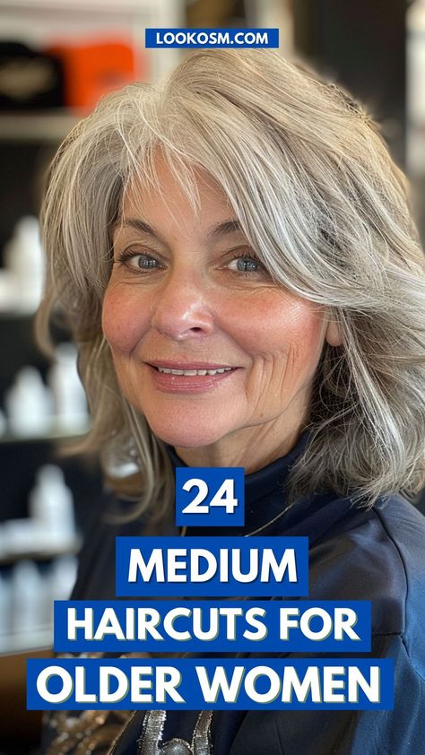 Trendy Transitions: 24 Medium Haircuts for Older Women Medium Women’s Hairstyles, Medium Length Haircut For Older Ladies, Medium Length Hair With Layers Over 60 Older Women, Shoulder Length Gray Hair With Layers, Hairstyles For Women In Their 70s, Medium Haircut Styles For Women, Womens Hair Styles 2024, Older Woman Hairstyle, Easy To Style Haircut For Women Medium