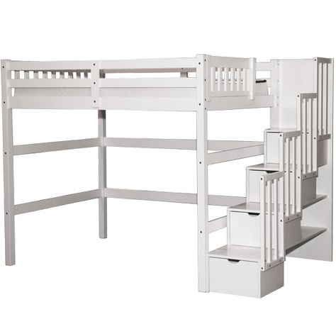 Staircase Bunk Beds | Twin Over Full Bunk Beds With Stairs Loft Bed Diy, Loft Bed With Stairs, Adult Loft Bed, Twin Full Bunk Bed, Full Loft Bed, Bed With Stairs, Loft Staircase, Loft Bed Plans, White Bunk Beds