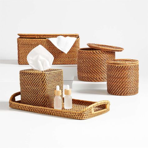 Modern Bathroom Accessories to Style Your Powder Room | Crate & Barrel Bathroom Storage Tower, Honey Bath, Bathroom Canisters, White Canisters, Modern Bathroom Accessories, Ceramic Soap Dispenser, Wooden Bath, Creative Bathroom, Bathroom Tray