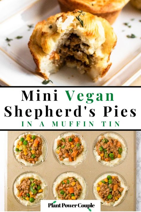 This savory Vegan Cottage Pie Cupcake is a veganized – and slightly fancified – version of a classic cottage pie or shepherd’s pie. Buttery mashed potatoes with just the slightest crisp encase a beefy plant-based mince and veggie filling that pours into your mouth at the first bite. This vegetarian and dairy-free appetizer recipe is easy to put together with a wow-factor that belies its simplicity. #veganrecipe #plantbased #vegetarianappetizer Vegan Cottage Pie Recipe, Vegan Savoury Pie, Vegan Shepherds Pie Recipe, Vegan Cottage Pie, Vegan Bean Pie, Eden Diet, Vegan Pot Pie, Banana Food, Vegetarian Shepherds Pie