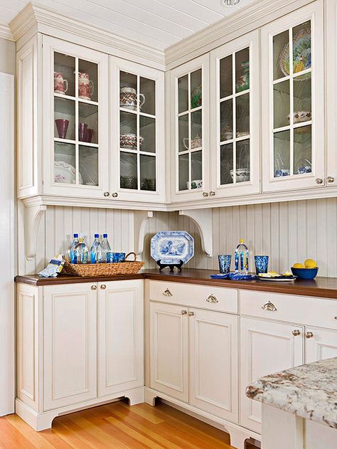 Cottage Kitchen, butler's pantry, beadboard, cabinet base inspiration, corbels... Glass Front Kitchen Cabinets, Cottage Kitchen Design, Cottage Style Kitchen, Subway Tile Kitchen, Cottage Kitchens, Cabinet Styles, Cottage Design, Cottage Kitchen, Counter Tops