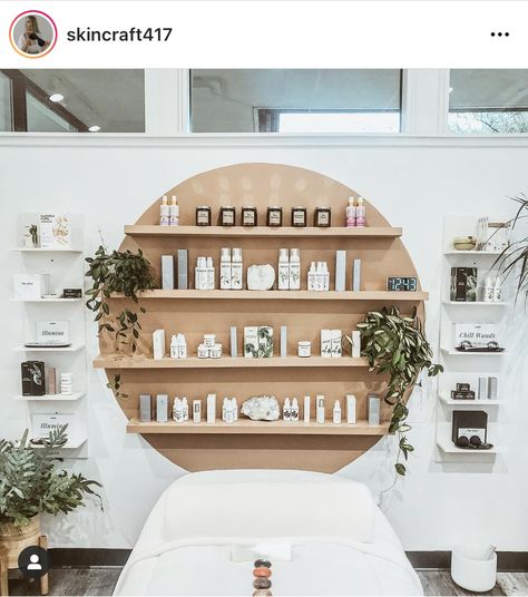 Esthetician Shelf Decor, Spa Shelves Decor, Beauty Salon Wall Divider, Medspa Shelves, Boho Spa Interior Design, Spa Sink Ideas, Free Standing Shampoo Bowl, Floating Shelves Salon Retail, Floating Shelves Retail Display