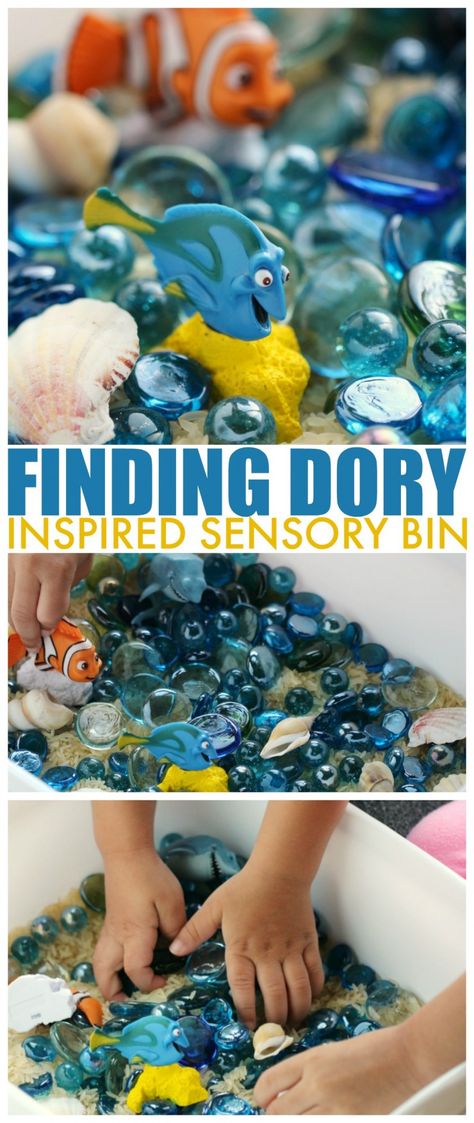 This Finding Dory Inspired Sensory Bin is the perfect kids activity for engaging little Finding Nemo fans this summer. Let your kids explore the ocean habitat with a little imaginative play. Summer Crafts For Infants, Ocean Kindergarten, Crafts For Infants, Disney Lessons, Disney Crafts For Kids, Toddler Sensory Bins, Ocean Theme Preschool, Ocean Habitat, Beautiful Paper Flowers