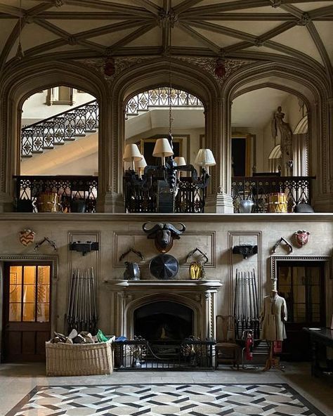 Country House Obsession on Instagram: "Continuing our tour of Belvoir Castle here’s more photos of the spectacular Guardroom. . You’ll notice at this end of the room, that the fireplace has no wall in which to carry a chimney, the arches above designed to reveal the wonderful cantilevered staircase on the landing above. . In photo 3 you’ll see one of two flags of the Rutland Regiment which used to hang in the Garter Chapel at Windsor Castle, now sadly showing their age. . @belvoircastle #belv Belvoir Castle, Gothic Revival Architecture, Traditional Chic, British Country, Victorian Buildings, Ideal World, French Colonial, Castle Wall, Greek Revival