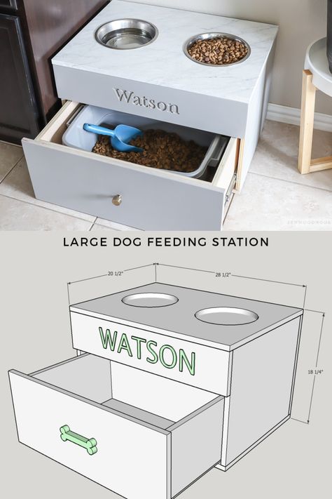 Dog Food Station, Katt Grejer, Dog Feeding Station, Diy Dog Food, Dog Bowl Stand, Feeding Station, Dog Food Storage, Dog Rooms, Dog Feeder