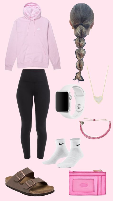 Outfit Ideas With Birkenstocks, Pink Nike Sweat, Nike Leggings Pink, Nike Pink Hoodie, Adidas Shoes Women Outfit, What To Wear With Birkenstocks, Cute Pink Nike Hoodie, Outfits With Birkenstocks, Pink Burken Stocks