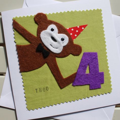 Cheeky Monkey Personalised Birthday Card - Handmade Original Felt and Fabric Card Felt Greeting Cards, Sewn Birthday Cards, Handmade 1st Birthday Card, Sewn Birthday Cards Handmade, 50th Birthday Cards For Women Handmade Fabric, Cupcake Birthday Cards, Birthday Cards For Son, Monkey Birthday, 60th Birthday Cards