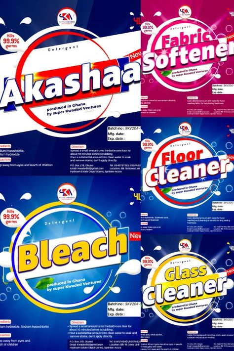 Akashaa label, Fabric softener, Floor Cleaner,Bleach and Glass cleaner label Detergent Label Design, Clean Label, Graphic Design Flyer, Glass Cleaner, Fabric Softener, Bathroom Flooring, Floor Cleaner, Label Design, Pop Tarts