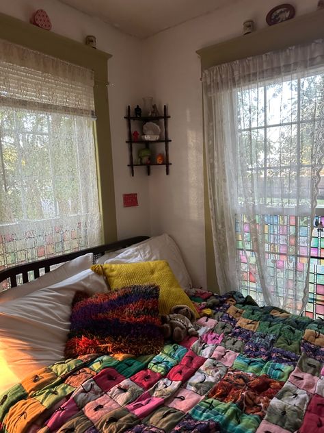 Puff quilt, corner shelf, sunroom, lace curtains, renter friendly stained glass windows:) Renter Friendly Stained Glass Window, Puff Quilt, Corner Shelf, Lace Curtains, My Bed, Corner Shelves, Stained Glass Window, Renter Friendly, Stained Glass Windows