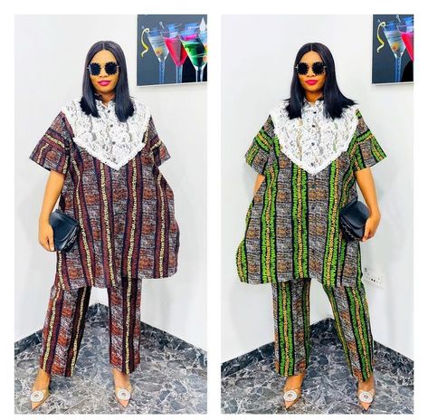 African print shirt and pants Ankara Pants And Top, Two Piece Outfits Pants Classy, Tops For Palazzo Pants, Ankara And Lace Styles, Adire Styles, Ankara And Lace, Ankara Pants, Two Piece Outfits Pants, African Print Shirt