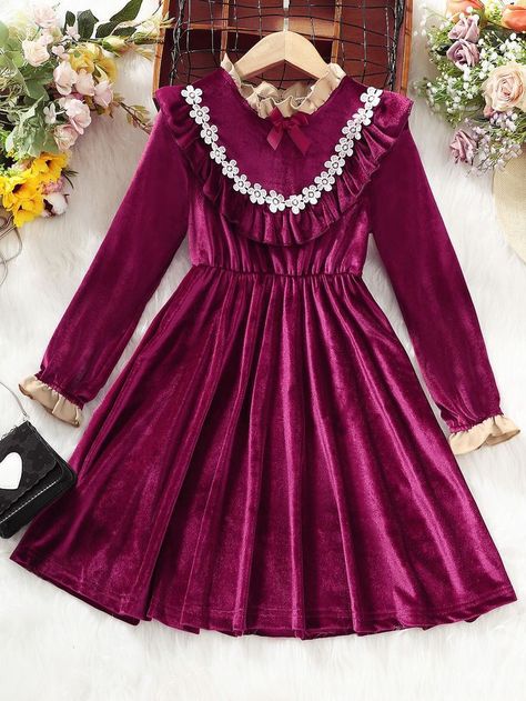 Summer Frock Designs, Ladies Frock Design, Burgundy Party, Flounce Sleeve Dress, Simple Frocks, Girls Long Dresses, Mother Daughter Dress, Frock Patterns