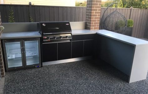 Concrete Bench Top, Bbq Areas, Outdoor Alfresco, Tiles Outdoor, Glass Fridge, Beach Cove, Concrete Bench, Melbourne House, Bbq Area