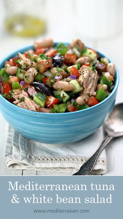 #HealthyFood Mediterranean Diet Snack, Tuna White Bean Salad, Tuna White Bean, White Bean Salad Recipes, Mediterranean Diet Snacks, Mediterranean Tuna, Traditional Greek Salad, White Bean Salad, Mediterranean Diet Plan