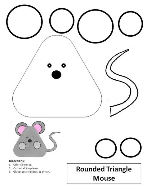 Quick and easy mouse crafts to print and make with paper. For children in preschool, kindergarten, elementary school. Cute mice to make with rounded triangle shape for the face and body, and circle shapes for the ears and paws. Just print, color, and cut; then assemble. Use in schools, libraries, home school, or for art projects at home. Includes rhymes concerning mice. Includes the printable template. Mouse Paint Activities, Mouse Template, Mouse Craft, Paper Animal Crafts, Snowflake Making, Felt Templates, Bunny Knitting Pattern, Patterns For Kids, School Art Activities