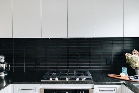 Fireclay Tile on Instagram: “What do you call 2 witches sharing an apartment? Broom-mates! Happy Halloween 🎃 . Design: @jenniferannjorgensen 📷: @2ndtruth  Tile shown:…” Black Tile Backsplash, Black Kitchen Backsplash, Countertop Remodel, Basalt Tile, Color Spotlight, Trendy Kitchen Backsplash, Brick Backsplash Kitchen, Matte Black Kitchen, Black Backsplash