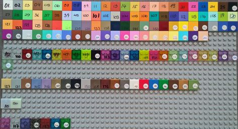 https://flic.kr/p/UFc4Nn | LEGO Color Palette (incomplete) around 2004 | For every color in their current inventory, The LEGO Company used to produce 2x2 tiles, so that they could be put on baseplates to form a color palette.  Every tile is either labelled by permanent marker or a small sticker with the respective color number.  My representation here is not 100 % complete but should roughly show colors available back in 2004. Lego Diy, Color Number, Every Color, Lego Friends, Permanent Marker, Color Chart, Markers, Color Palette, Lego