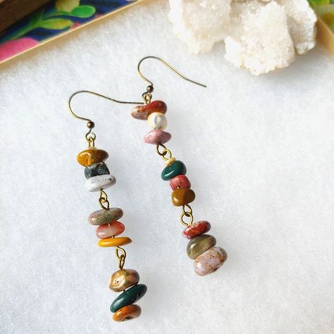 Natural Ocean Jasper Gemstones Randomly Stacked To Show Their Uniqueness Natural - Not Treated In Any Way Neutral & Soothing Color Palette: Many Shades Of Green, Mustard Yellow, White, Lavender, Burgandy & Pale Rose Pink Will Go With Any Outfit! Dress Them Any Which Way You Want Designed & Hand Crafted By Me Find Me On Insta @Issabeau.Jewelry Tags: Bohemian Hippie Boho Style Anthropologie Silpada Kate Spade Lucky Spell & Gypsy Free People Johnny Was Lucky Brand Bracelet Necklace Charms Sunglasse Selling Handmade Jewelry, Rock Beads Stone Jewelry, Dangle Earrings Beaded, Boho Earrings Diy Handmade Jewelry, Fall Bead Jewelry, Beaded Boho Earrings, Trending Handmade Jewelry, Boho Beaded Jewelry, Unique Beaded Earrings