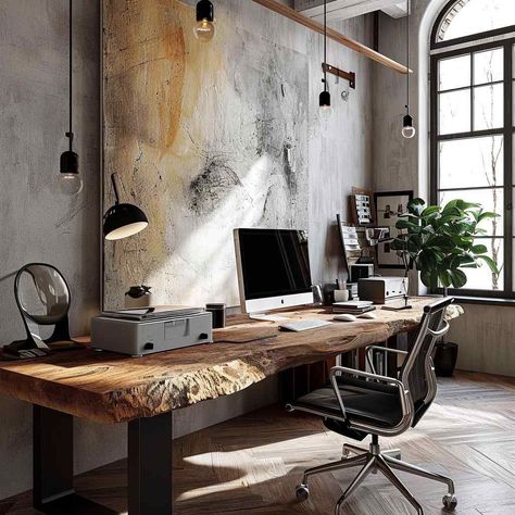 Discover the perfect blend of rustic charm and high-speed technology in these stunning home offices of inspiration. With a long log wood table and a huge arc window, these spaces offer a harmonious balance between nature and modernity. Get inspired to work efficiently and stylishly in these breathtaking settings. #HomeOfficeInspiration #RusticCharm #HighSpeedTech #NaturalElegance Modern Industrial Office Space, Arc Window, Modern Industrial Office, Industrial Office Space, Niche Wall, Industrial Office Design, High Tech Design, Rustic Office, Industrial Desk