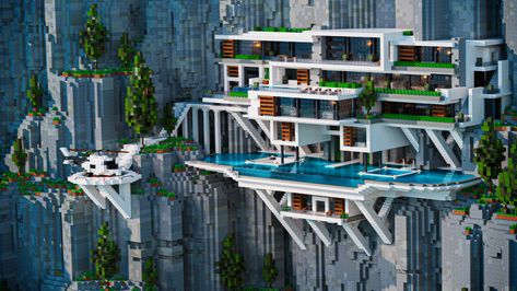 Mountainside Mansion in Minecraft Marketplace | Minecraft Minecraft Cliff House, Mansion In Minecraft, Minecraft Mountain, Mountain Mansion, Minecraft Marketplace, Modern Mountain House, Minecraft Mansion, Minecraft Houses Blueprints, Minecraft Modern