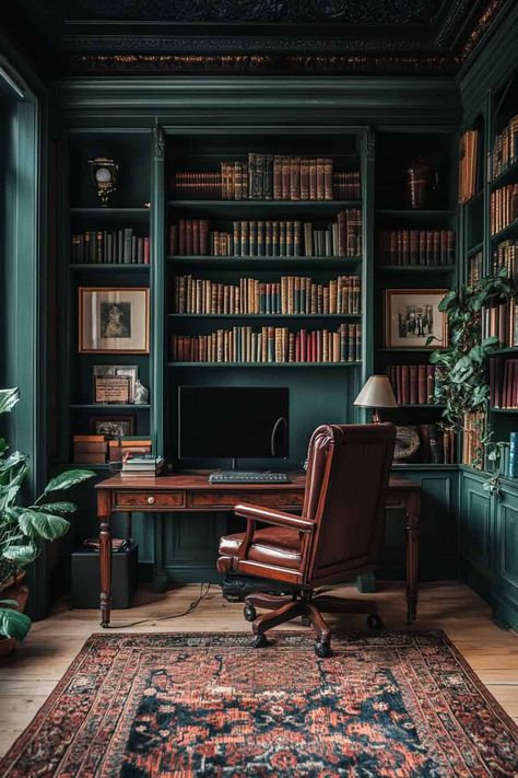 Home Office Victorian, Cozy Moody Office, Vintage Academia Aesthetic Room, Dark Green Home Library, Dark Intellectual Aesthetic, Peaky Blinders Office, Medium Academia Aesthetic, Dark Academia Mid Century Modern, Dark Green Library Room