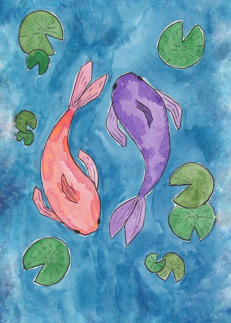 Koi Fish Watercolor Easy, Watercolor Art Aesthetic Simple, Watercolor Art Water, Fish Art Aesthetic, Easy Fish Painting, Fish Painting Easy, Fish Watercolor Painting, Pond Drawing, Aesthetic Fish