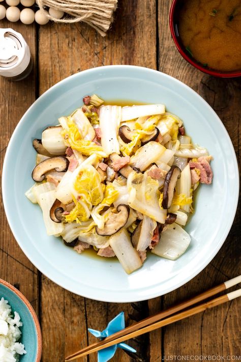 This easy Japanese-style Napa Cabbage Stir-Fry with shiitake mushrooms and bacon makes a great quick addition to your meal as a side or main dish! #napacabbage #stirfry | Easy Japanese Recipes at JustOneCookbook.com Yakimeshi Recipe, Napa Cabbage Recipes, Pork Belly Slices, Cabbage Stir Fry, Easy Japanese Recipes, Cabbage And Bacon, Bacon Recipe, Shiitake Mushrooms, Napa Cabbage