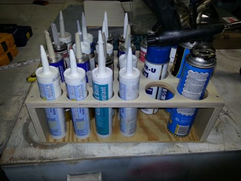 caulking tube rack - Google Search Paint Rack, Paint Organization, Power Tool Organizer, Painting Station, Shed Organization, Garage Storage Solutions, Workshop Organization, Great Gifts For Dad, Garage Tools