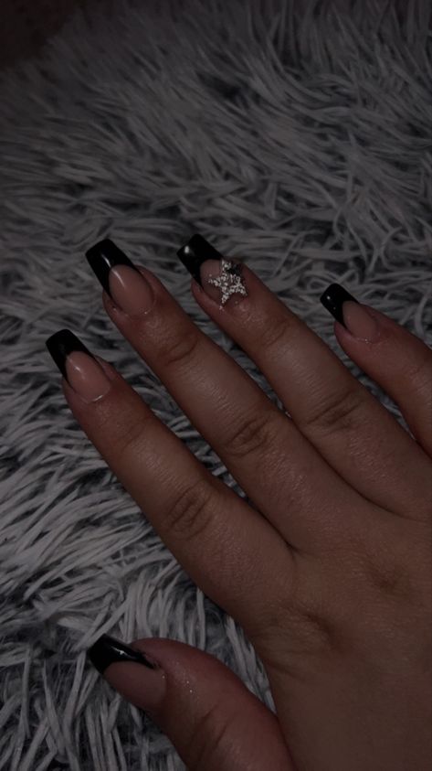 Star Charms On Nails, Star Square Nails, Nails With Star Charms, Black French Tip Nails, Black French Tip, Black French Tips, Girly Acrylic, Girly Acrylic Nails, Black French